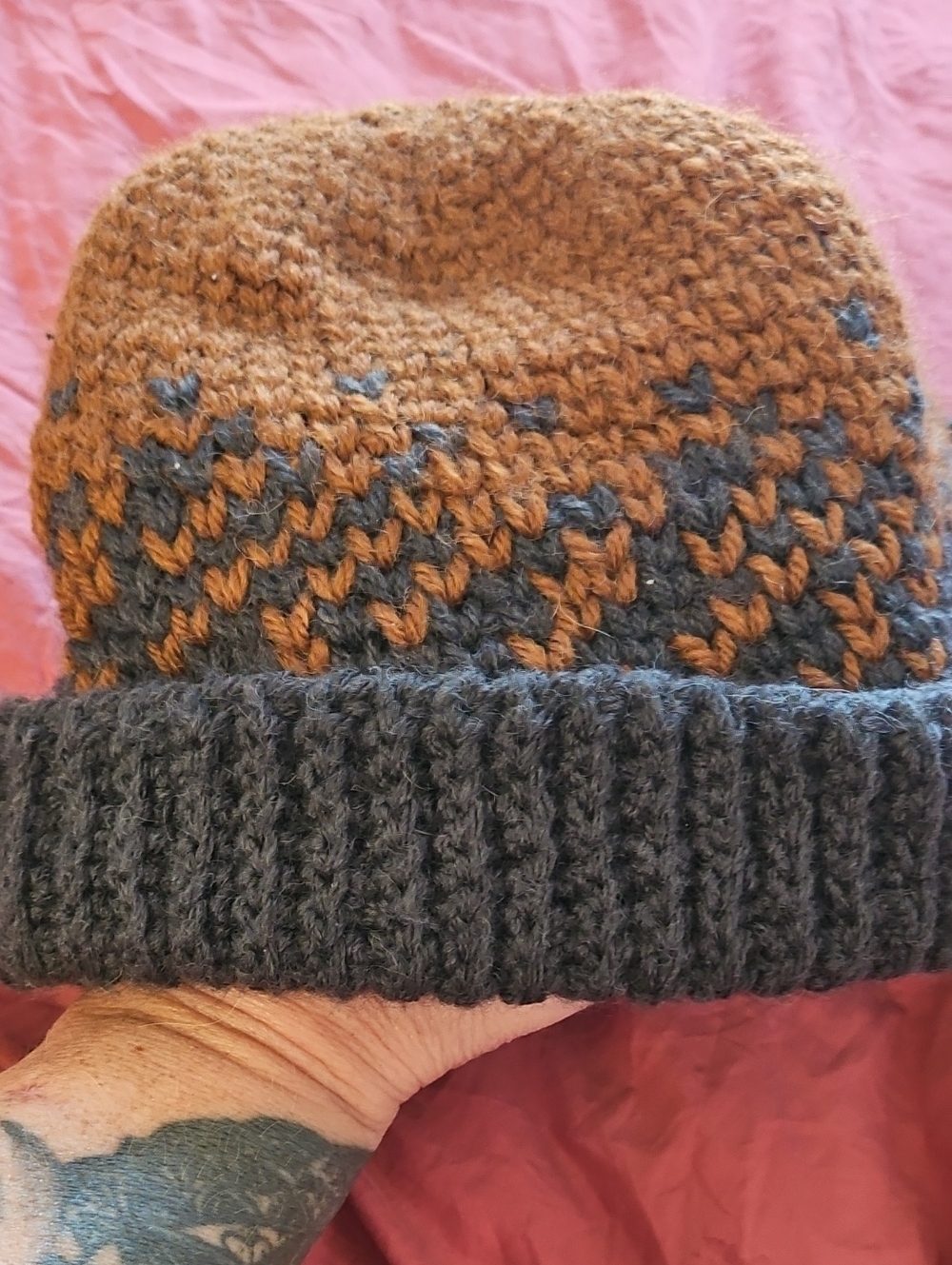 Knit Two-Tone Brown & Gray Beanie Hat